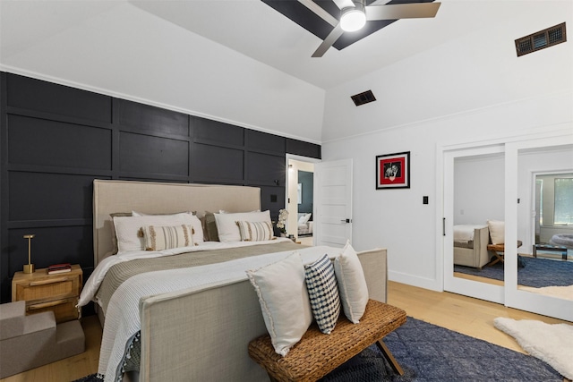 3512 Ridglea Country Club Dr, Fort Worth, TX 76116 - bedroom featuring light wood finished floors, high vaulted ceiling, and a ceiling fan