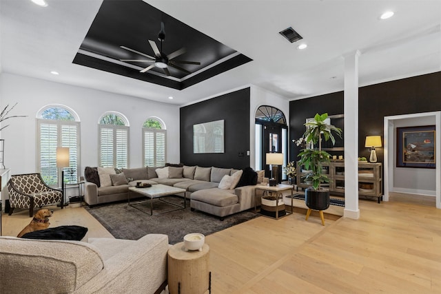 3512 Ridglea Country Club Dr, Fort Worth, TX 76116 - living room with light wood-style floors, ceiling fan, a tray ceiling, recessed lighting, and baseboards