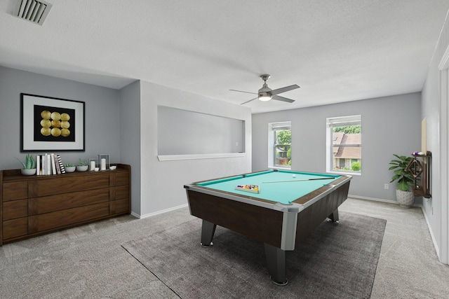 4448 Atlanta Dr, Plano, TX 75093 - game room with carpet, billiards, ceiling fan, baseboards, and a textured ceiling