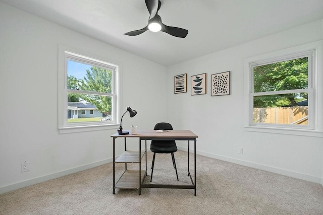 4709 Albermarle Dr, Fort Worth, TX 76132 - office area featuring light colored carpet, ceiling fan, and baseboards