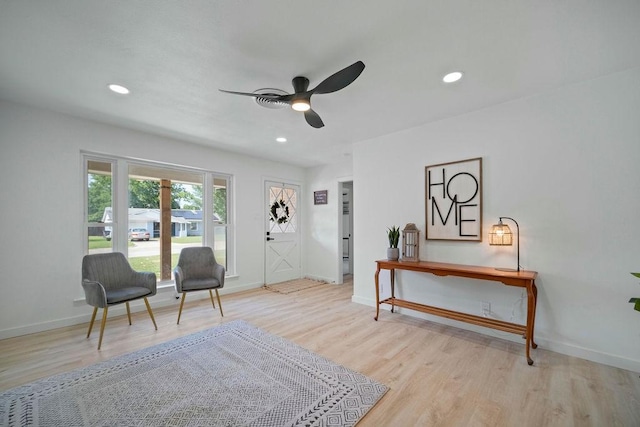 4709 Albermarle Dr, Fort Worth, TX 76132 - sitting room featuring a ceiling fan, wood finished floors, baseboards, and recessed lighting