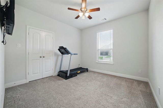 2109 Liriope Ln, Waxahachie, TX 75165 - workout room featuring carpet, ceiling fan, and baseboards