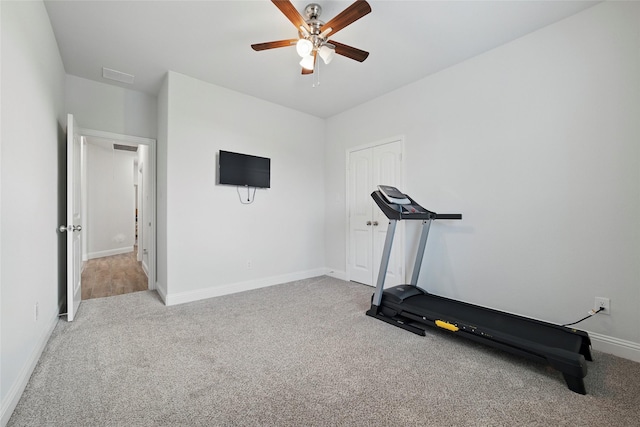 2109 Liriope Ln, Waxahachie, TX 75165 - exercise area featuring carpet flooring, ceiling fan, and baseboards