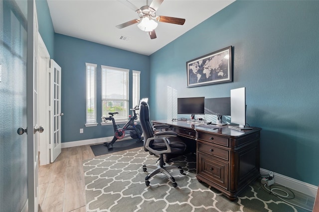 2109 Liriope Ln, Waxahachie, TX 75165 - office with baseboards, a ceiling fan, and light wood-type flooring
