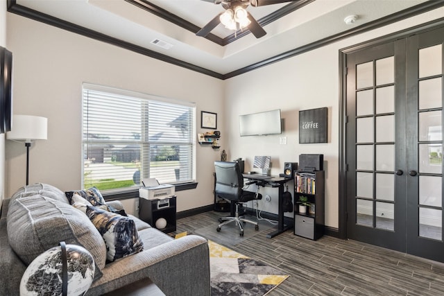 900 E 5th St, Springtown, TX 76082 - office featuring french doors, a raised ceiling, a ceiling fan, ornamental molding, and dark wood finished floors