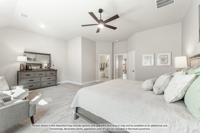 924 Split Oak Ln, Anna, TX 75409 - bedroom featuring lofted ceiling, carpet flooring, ensuite bath, and ceiling fan