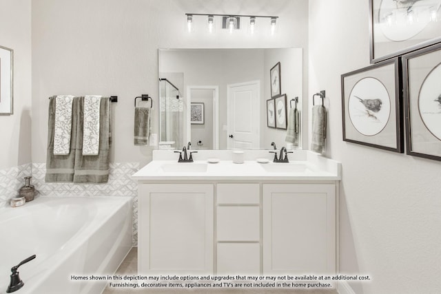 924 Split Oak Ln, Anna, TX 75409 - bathroom with a garden tub, double vanity, a shower stall, track lighting, and tile patterned floors
