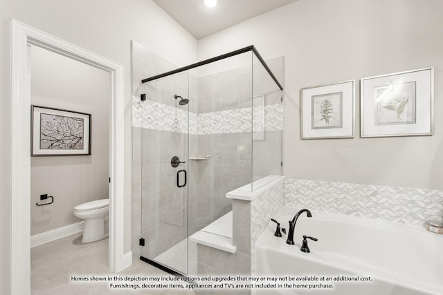 924 Split Oak Ln, Anna, TX 75409 - bathroom with a bath, toilet, a stall shower, tile patterned flooring, and baseboards