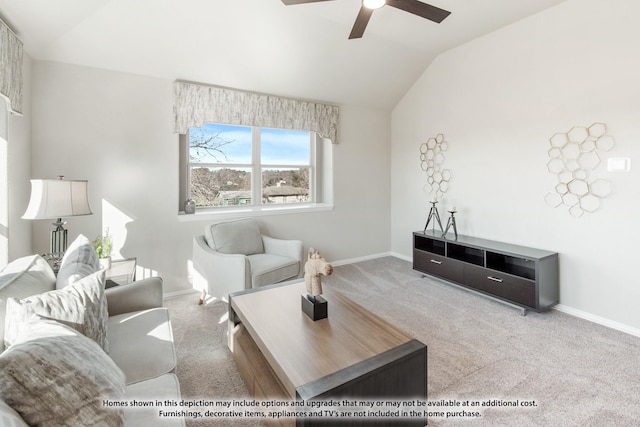 924 Split Oak Ln, Anna, TX 75409 - carpeted living area with lofted ceiling, a ceiling fan, and baseboards