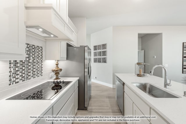 924 Split Oak Ln, Anna, TX 75409 - kitchen with a sink, stainless steel dishwasher, white cabinetry, decorative backsplash, and light wood-style flooring