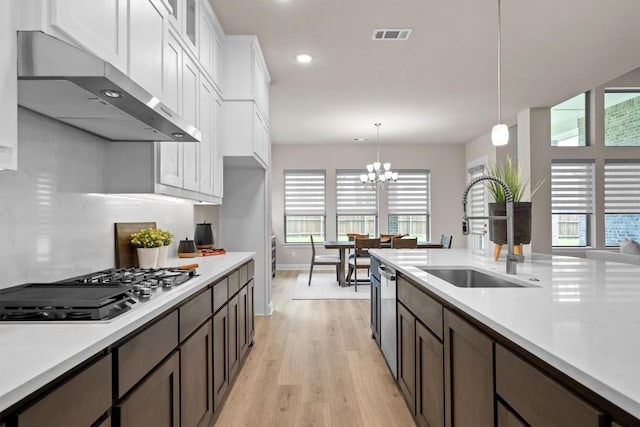 2605 Rosewood Way, Northlake, TX 76226 - kitchen featuring ventilation hood, a sink, light countertops, white cabinets, and light wood-type flooring