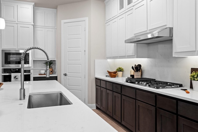 2605 Rosewood Way, Northlake, TX 76226 - kitchen featuring under cabinet range hood, light countertops, stainless steel appliances, white cabinetry, and dark brown cabinets