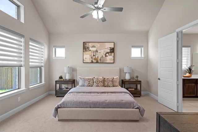 2605 Rosewood Way, Northlake, TX 76226 - bedroom featuring light carpet, vaulted ceiling, baseboards, and ceiling fan