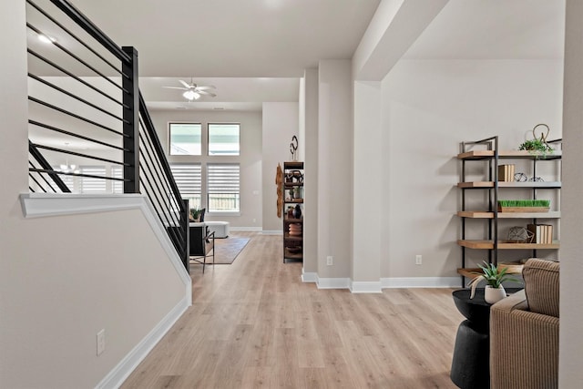 2605 Rosewood Way, Northlake, TX 76226 - foyer with stairway, wood finished floors, baseboards, and ceiling fan
