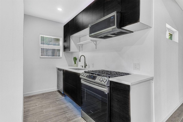 2735 Grafton Ave, Dallas, TX 75211 - kitchen with dark cabinets, appliances with stainless steel finishes, light wood-type flooring, and recessed lighting