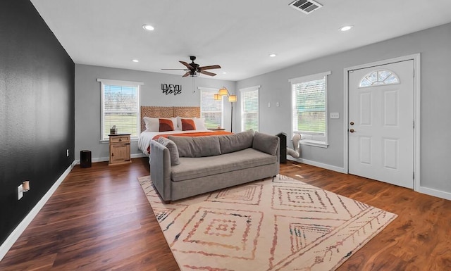 1835 Fort Graham Rd, Waco, TX 76705 - bedroom featuring recessed lighting, baseboards, dark wood finished floors, and ceiling fan