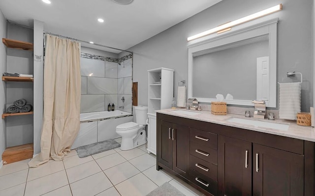 1835 Fort Graham Rd, Waco, TX 76705 - full bath with toilet, double vanity, shower / tub combo with curtain, tile patterned flooring, and recessed lighting