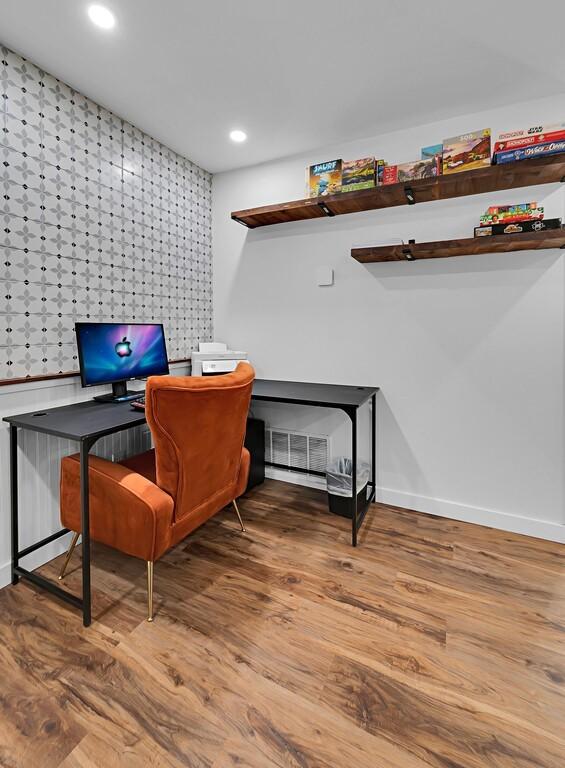 1835 Fort Graham Rd, Waco, TX 76705 - home office featuring baseboards, wood finished floors, and recessed lighting