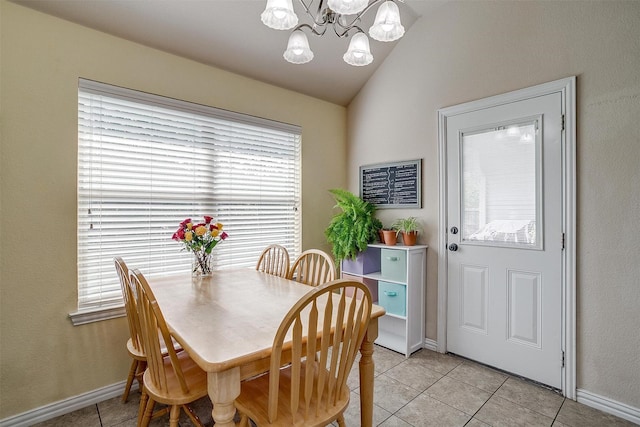 320 Westgate Dr, Aledo, TX 76008 - dining space featuring healthy amount of natural light, light tile patterned flooring, a chandelier, vaulted ceiling, and baseboards