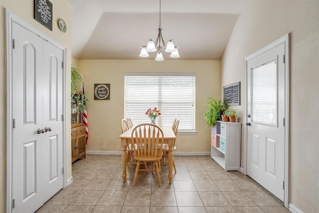 320 Westgate Dr, Aledo, TX 76008 - dining space featuring vaulted ceiling, a chandelier, light tile patterned flooring, and baseboards