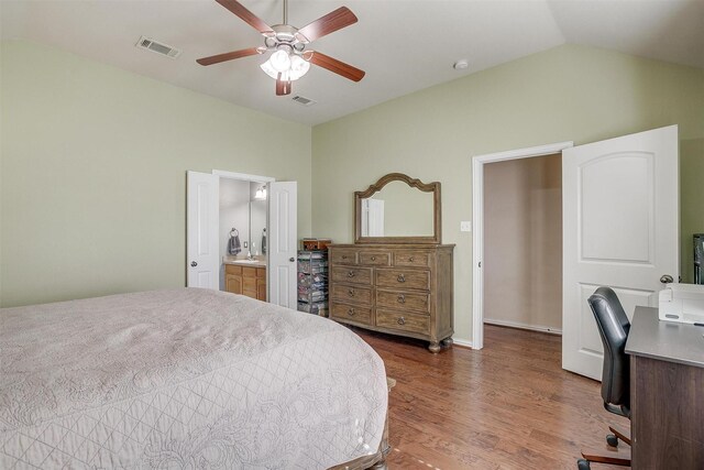 320 Westgate Dr, Aledo, TX 76008 - bedroom with wood finished floors, a desk, vaulted ceiling, ceiling fan, and ensuite bath