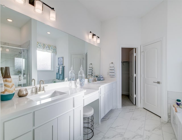 603 E Midway, Euless, TX 76039 - bathroom with a shower stall, double vanity, marble finish flooring, a tub to relax in, and a spacious closet
