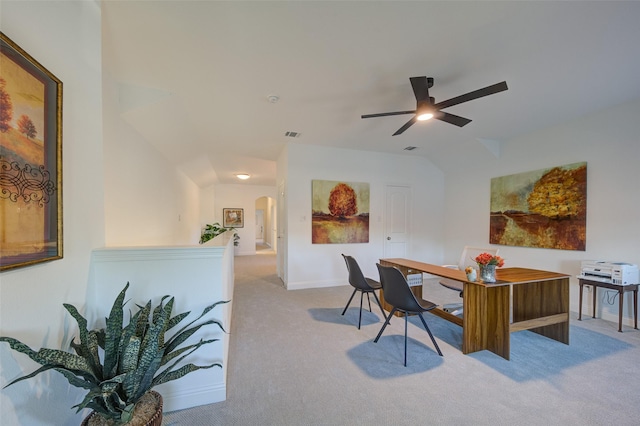 603 E Midway, Euless, TX 76039 - office featuring light carpet, arched walkways, a ceiling fan, baseboards, and vaulted ceiling