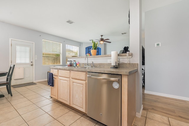 2344 Magnolia Dr, Little Elm, TX 75068 - kitchen featuring dishwasher, light brown cabinets, light tile patterned floors, a ceiling fan, and a sink