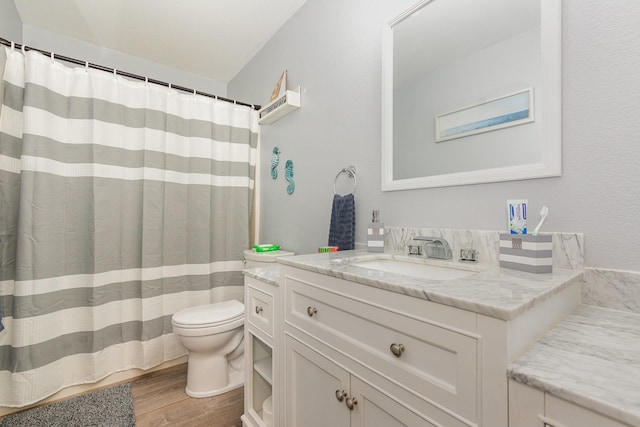 2344 Magnolia Dr, Little Elm, TX 75068 - full bathroom with toilet, vanity, wood finished floors, and a shower with shower curtain