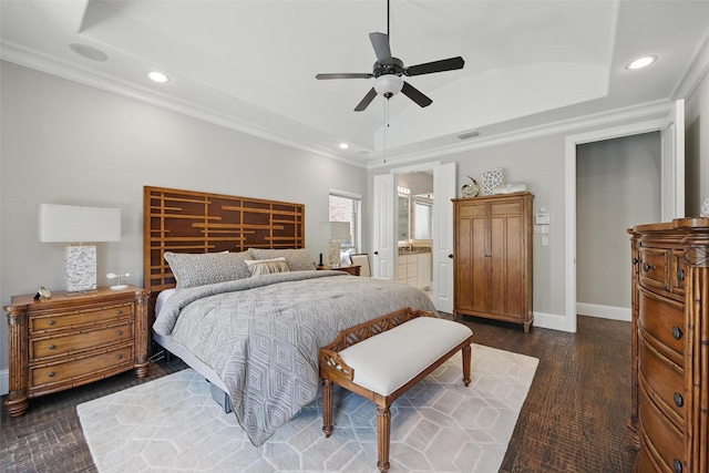 415 Fountainview Dr, Irving, TX 75039 - bedroom featuring a raised ceiling, ornamental molding, recessed lighting, dark wood-style floors, and ensuite bathroom