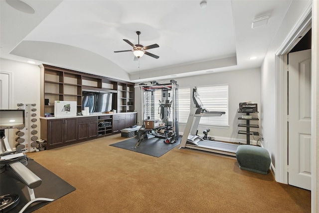 415 Fountainview Dr, Irving, TX 75039 - exercise room with carpet flooring, ceiling fan, and vaulted ceiling