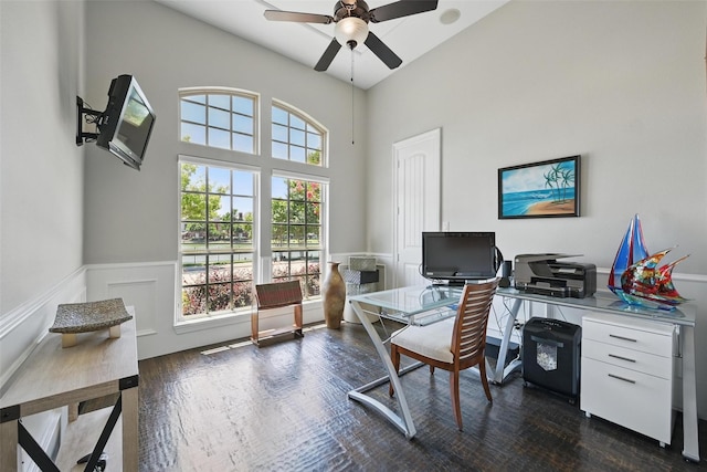 415 Fountainview Dr, Irving, TX 75039 - office space featuring a ceiling fan, wainscoting, wood finished floors, and a towering ceiling