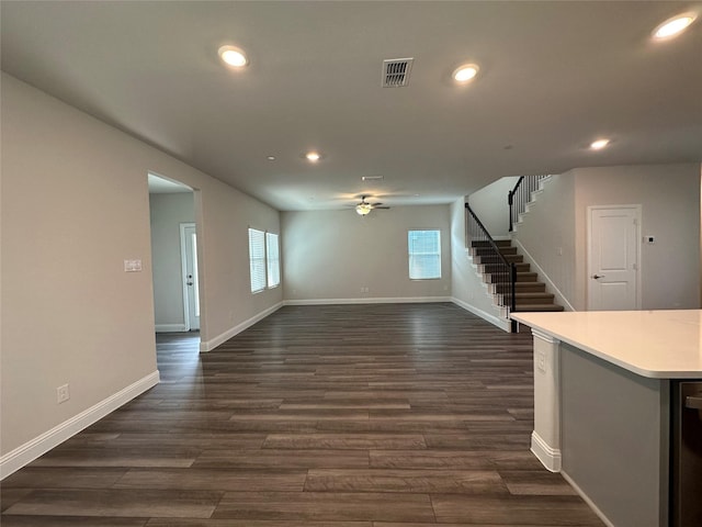 123 Monarch Way, Wylie, TX 75098 - unfurnished living room with a ceiling fan, recessed lighting, dark wood-style flooring, and baseboards