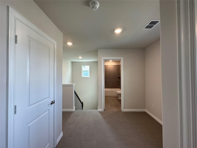 123 Monarch Way, Wylie, TX 75098 - hallway featuring an upstairs landing, dark colored carpet, baseboards, and recessed lighting