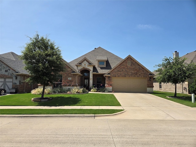 632 Yucca Ct, Aledo, TX 76008 - view of front of house with an attached garage, brick siding, concrete driveway, a front yard, and a shingled roof