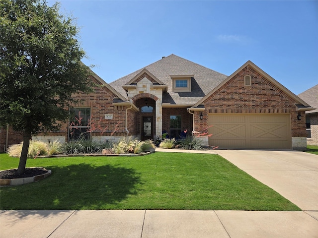 632 Yucca Ct, Aledo, TX 76008 - french country home featuring a garage, brick siding, a front yard, driveway, and roof with shingles
