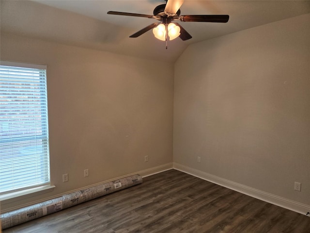 632 Yucca Ct, Aledo, TX 76008 - unfurnished room featuring ceiling fan, dark wood-type flooring, vaulted ceiling, and baseboards