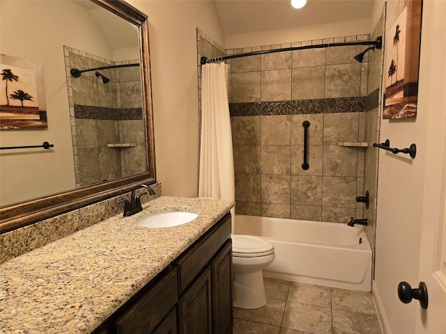 632 Yucca Ct, Aledo, TX 76008 - bathroom with vanity, shower / bathtub combination with curtain, toilet, and tile patterned floors