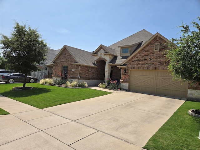 632 Yucca Ct, Aledo, TX 76008 - view of front of house featuring brick siding, driveway, stone siding, a front yard, and roof with shingles