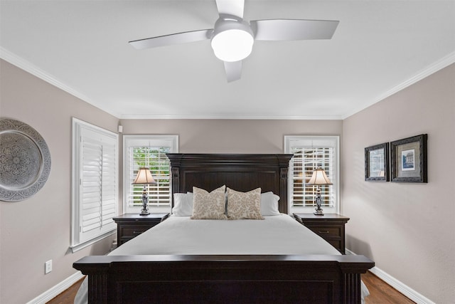 104 Crestwood Dr, Fort Worth, TX 76107 - bedroom featuring baseboards, dark wood-type flooring, crown molding, and ceiling fan