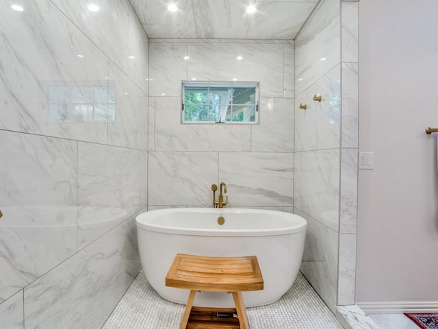 104 Crestwood Dr, Fort Worth, TX 76107 - bathroom featuring a freestanding tub and tile walls
