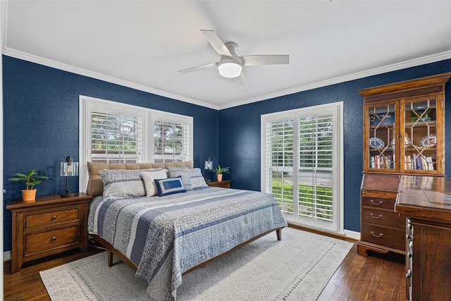 104 Crestwood Dr, Fort Worth, TX 76107 - bedroom with multiple windows, ornamental molding, dark wood-type flooring, a ceiling fan, and a textured wall