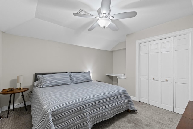 104 Crestwood Dr, Fort Worth, TX 76107 - bedroom with carpet, a closet, vaulted ceiling, baseboards, and a ceiling fan