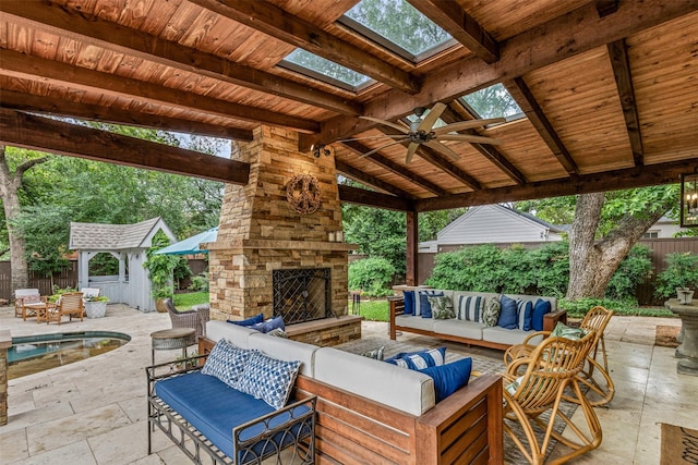 104 Crestwood Dr, Fort Worth, TX 76107 - view of patio featuring an outdoor living space with a fireplace and ceiling fan