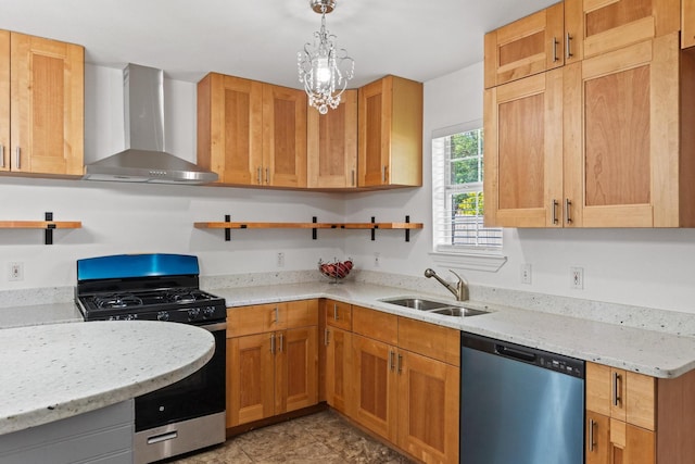 6622 Victoria Ave, Dallas, TX 75209 - kitchen with open shelves, stainless steel appliances, wall chimney range hood, a sink, and light stone countertops