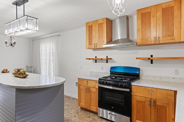 6622 Victoria Ave, Dallas, TX 75209 - kitchen featuring wall chimney exhaust hood, black range with gas cooktop, open shelves, and a chandelier