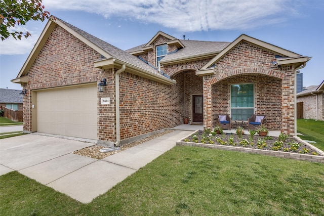 3501 Brazos St, Melissa, TX 75454 - view of front of home featuring brick siding, an attached garage, concrete driveway, a shingled roof, and a front lawn