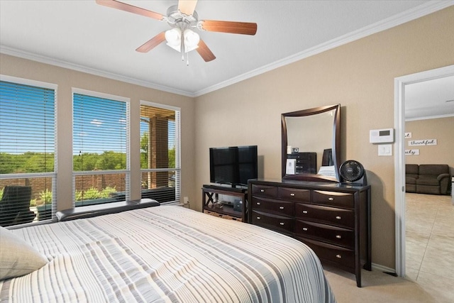 1407 Deer Hollow Dr, Arlington, TX 76002 - bedroom with crown molding, a ceiling fan, and light colored carpet
