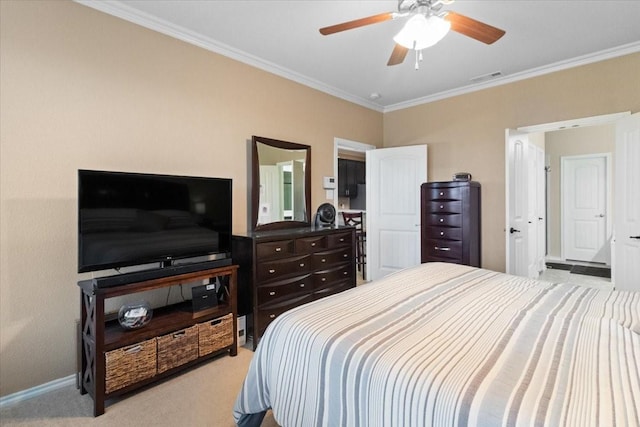1407 Deer Hollow Dr, Arlington, TX 76002 - bedroom with crown molding, baseboards, light carpet, and a ceiling fan