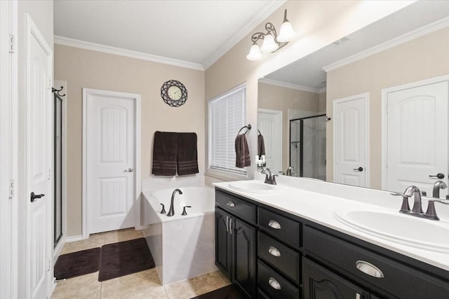 1407 Deer Hollow Dr, Arlington, TX 76002 - bathroom with a stall shower, a garden tub, crown molding, double vanity, and tile patterned floors